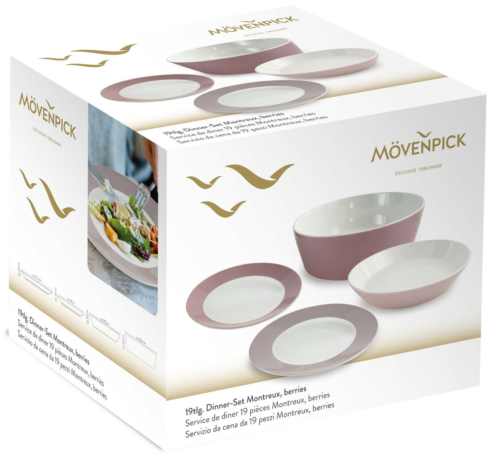 19-teiliges Dinnerset in Beere von Mövenpick, bestehend aus Tellern und Schalen, seitliche Perspektive