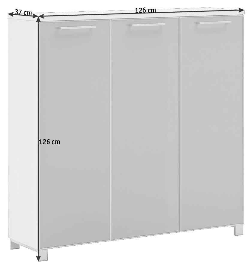 XL-Schuhschrank mit drei Türen, Maße 126 cm Höhe, 126 cm Breite und 37 cm Tiefe, seitliche Perspektive