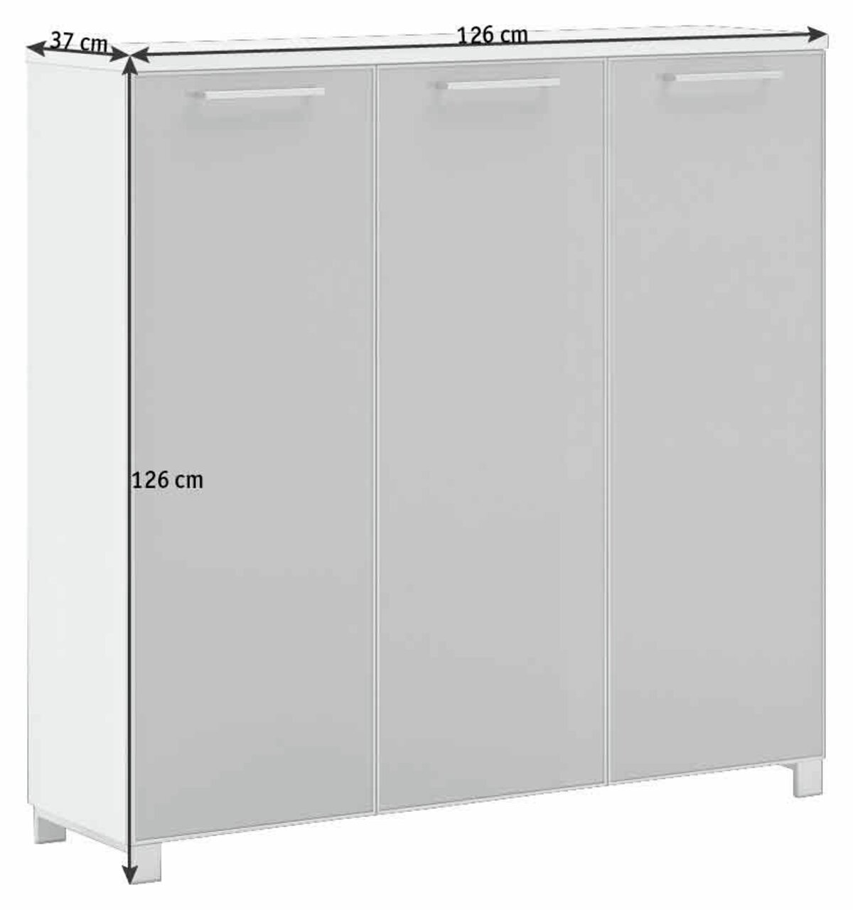 XL-Schuhschrank mit drei Türen, Maße 126 cm Höhe, 126 cm Breite und 37 cm Tiefe, seitliche Perspektive