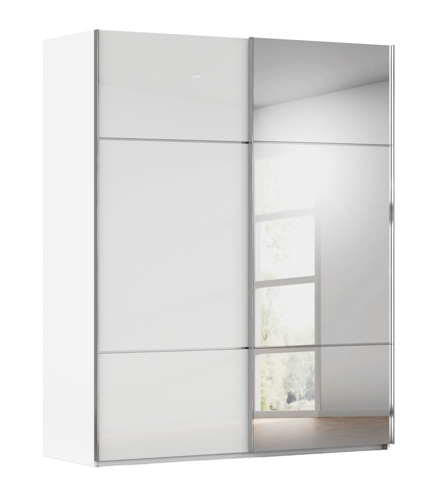 Moderne witte schuifdeurkast met grote spiegeldeur en zilverkleurige profielen, schuin van voren gezien