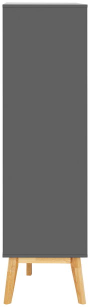 Frontansicht eines modernen, grauen Highboards mit Holzbeinen