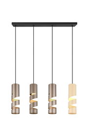 Moderne Pendelleuchte mit vier spiralförmigen Lampenschirmen in verschiedenen Farbtönen, von vorne betrachtet.