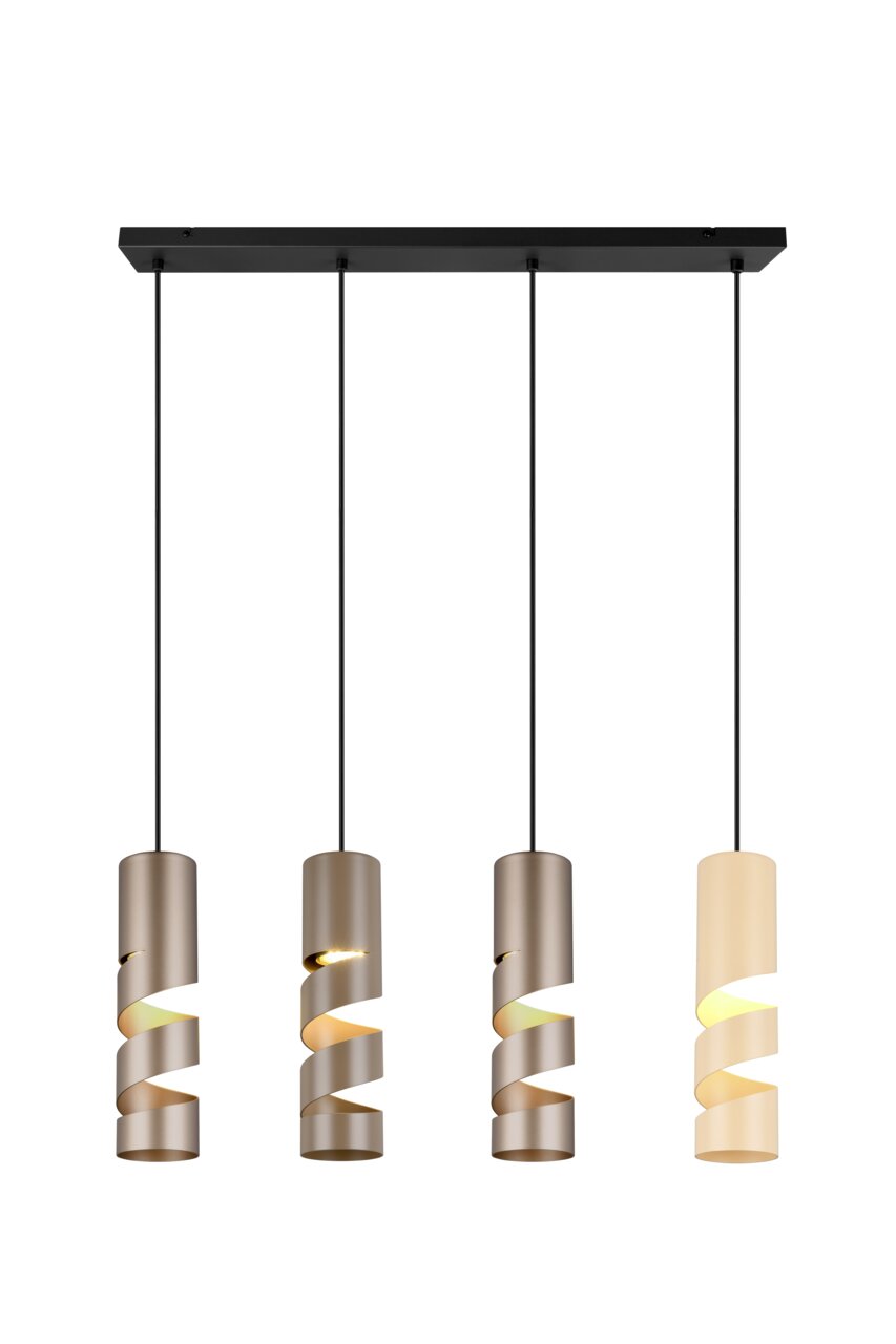 Moderne Pendelleuchte mit vier spiralförmigen Lampenschirmen in verschiedenen Farbtönen, von vorne betrachtet.