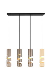 Moderne Pendelleuchte mit vier spiralförmigen Lampenschirmen in verschiedenen Farbtönen, von vorne betrachtet.