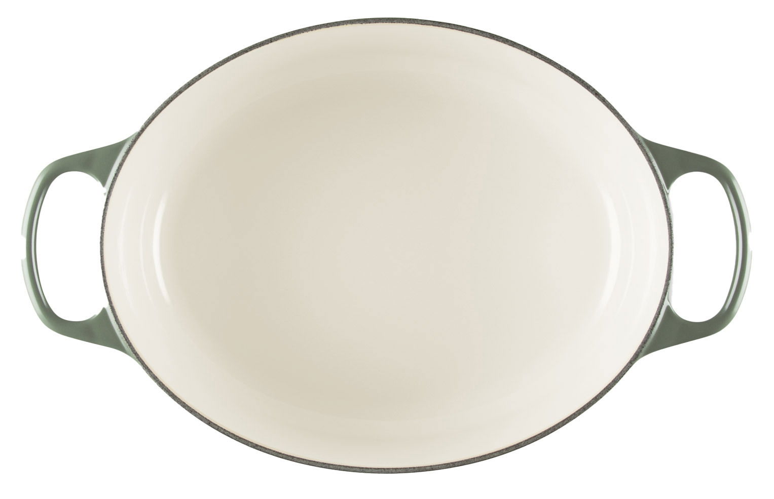 Ovaler Bräter Signature, 31 cm, Draufsicht, cremefarbene Innenfläche mit grünen Griffen.