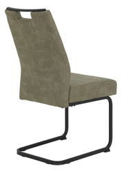 Rückansicht eines modernen Schwingstuhls mit olivgrünem Bezug und schwarzem Metallgestell.