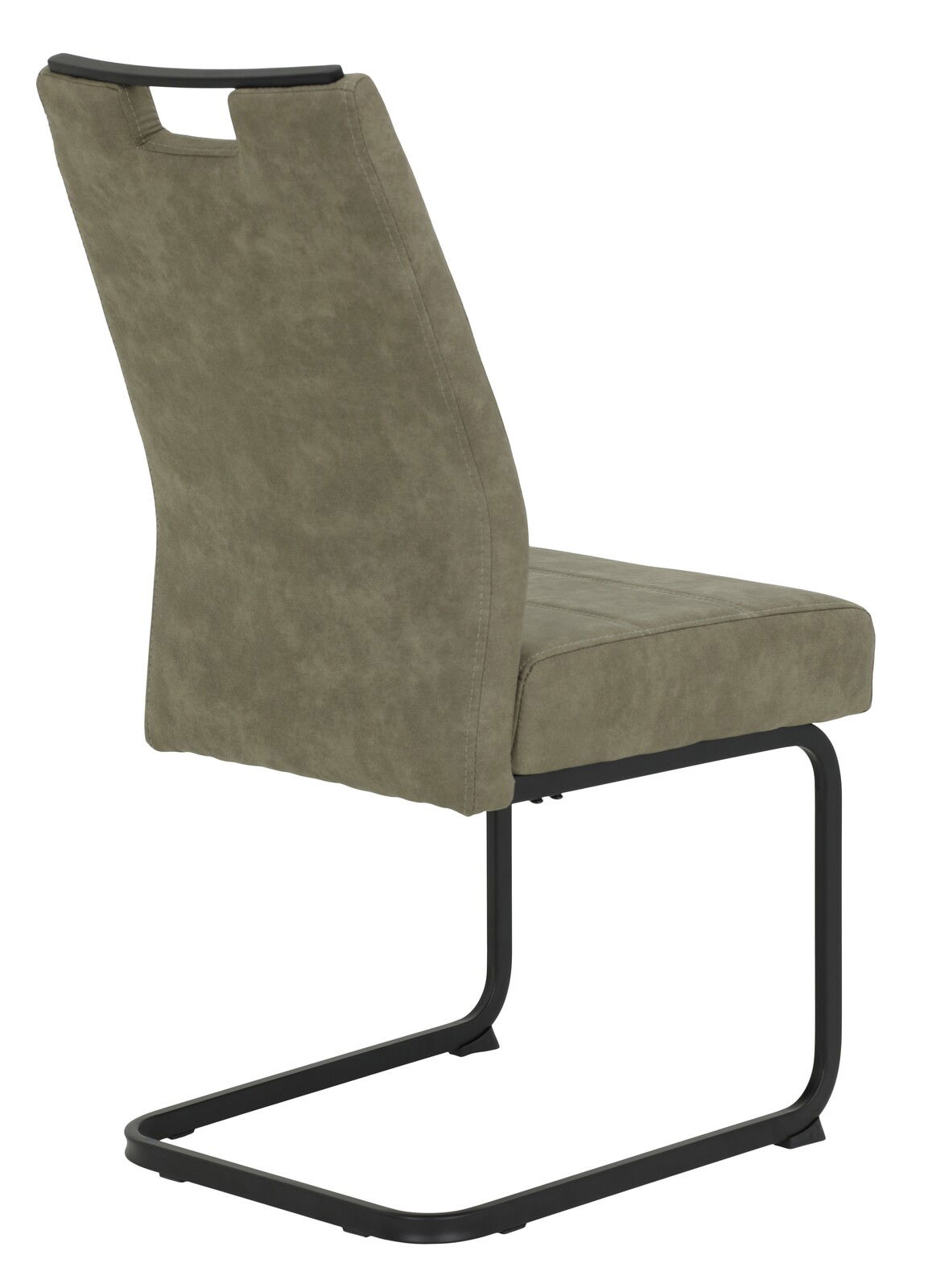 Rückansicht eines modernen Schwingstuhls mit olivgrünem Bezug und schwarzem Metallgestell.