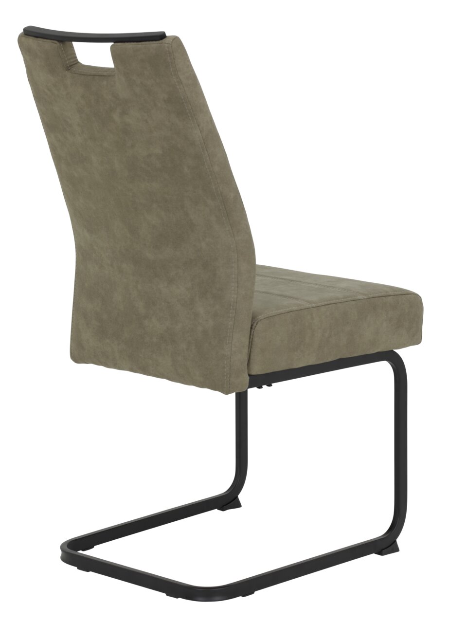 Achterkant van een moderne schommelstoel met olijfgroene bekleding en een zwart metalen frame.