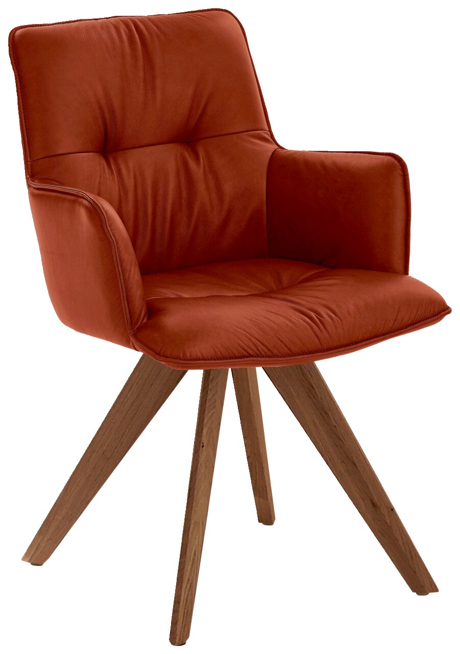 Moderner Design-Schalensessel in Rostrot mit gepolsterter Sitzfläche und Rückenlehne, auf vier Holzbeinen. Perspektive: Frontalansicht.