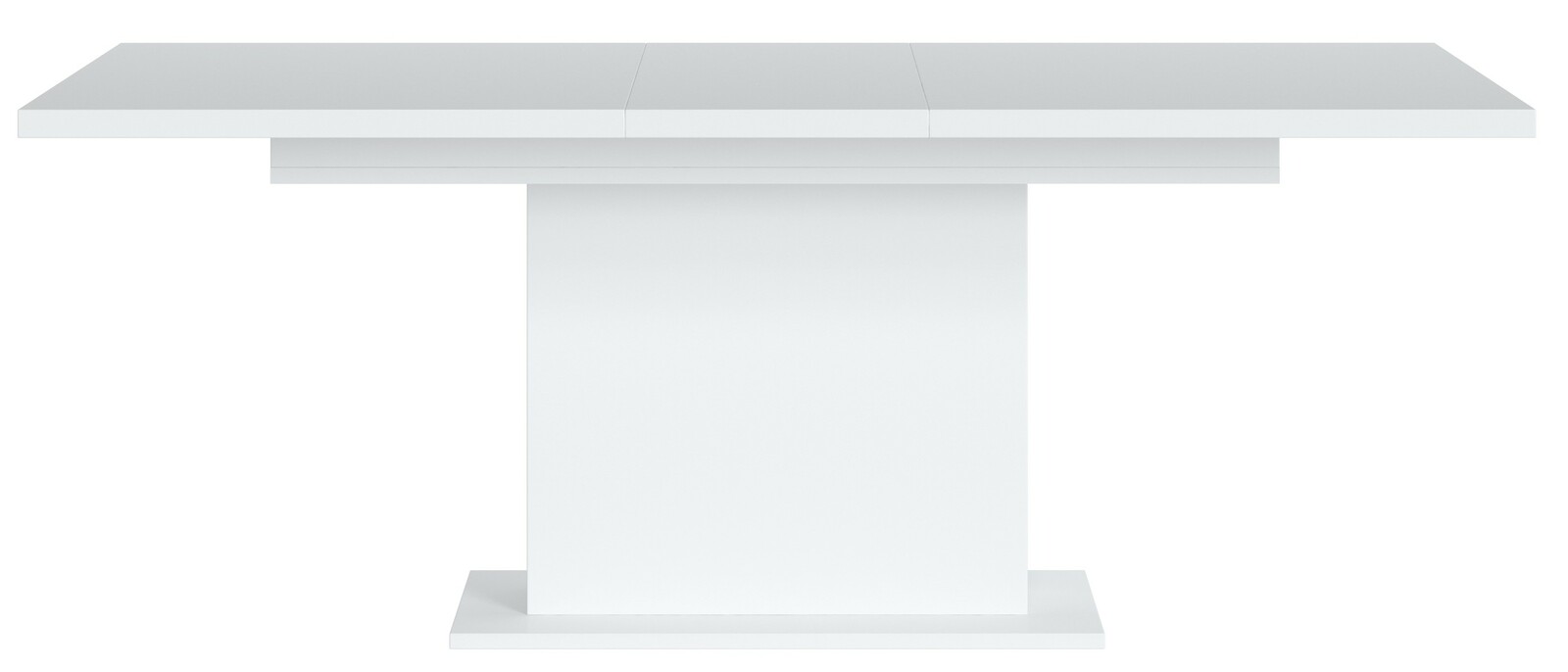 Moderner weißer Esstisch mit rechteckiger Tischplatte und zentralem Sockel, Frontalansicht