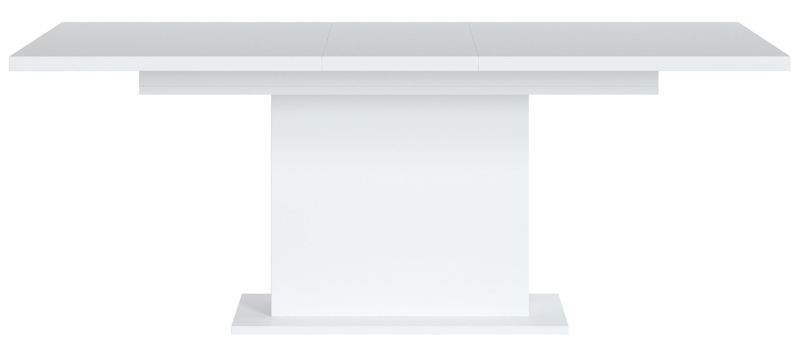 Moderner weißer Esstisch mit rechteckiger Tischplatte und zentralem Sockel, Frontalansicht