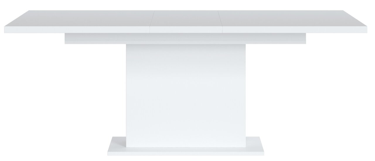 Moderner weißer Esstisch mit rechteckiger Tischplatte und zentralem Sockel, Frontalansicht