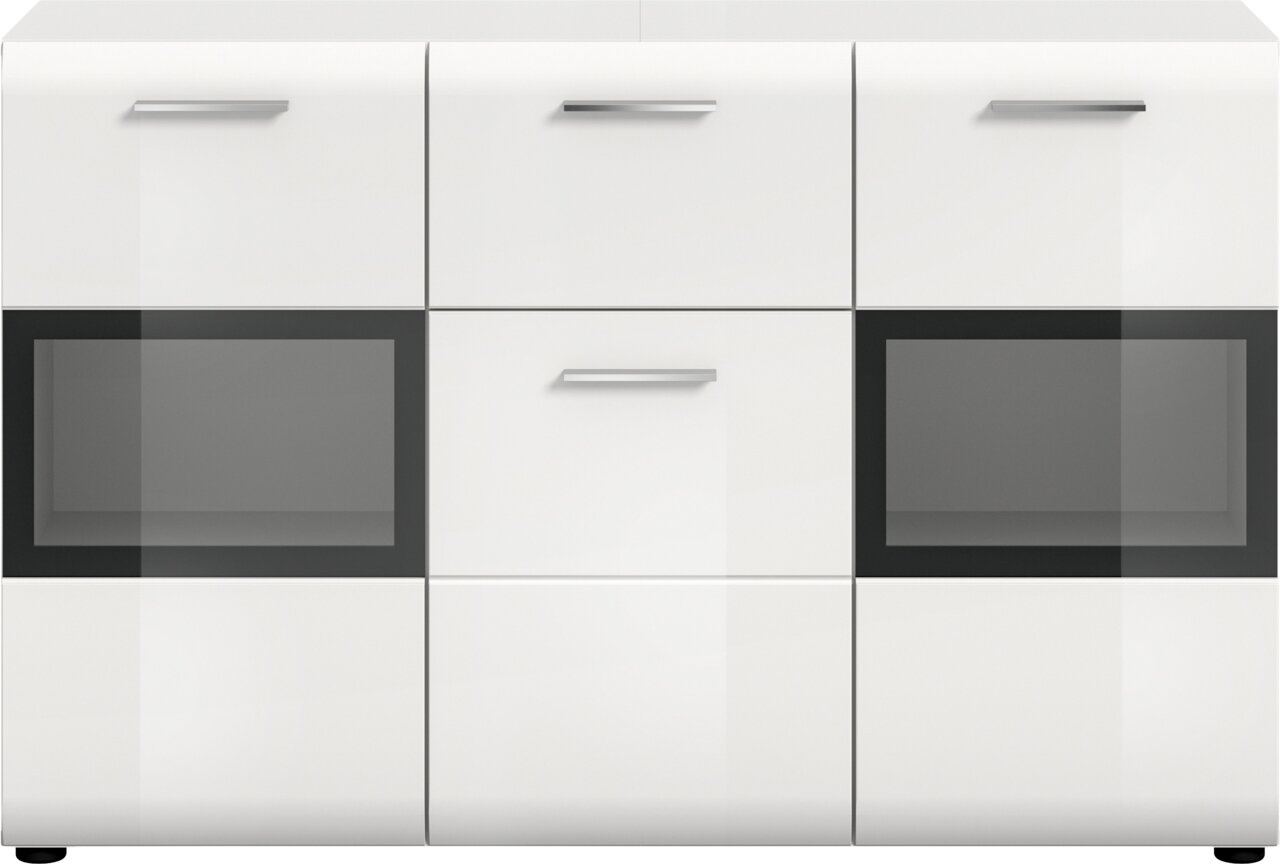 Weiße, moderne Kommode/Sideboard mit drei Türen und silbernen Griffen, zwei dunklen Glas-/Acryl-Frontfenstern links und rechts, frontal in gerader Vorderansicht freigestellt.