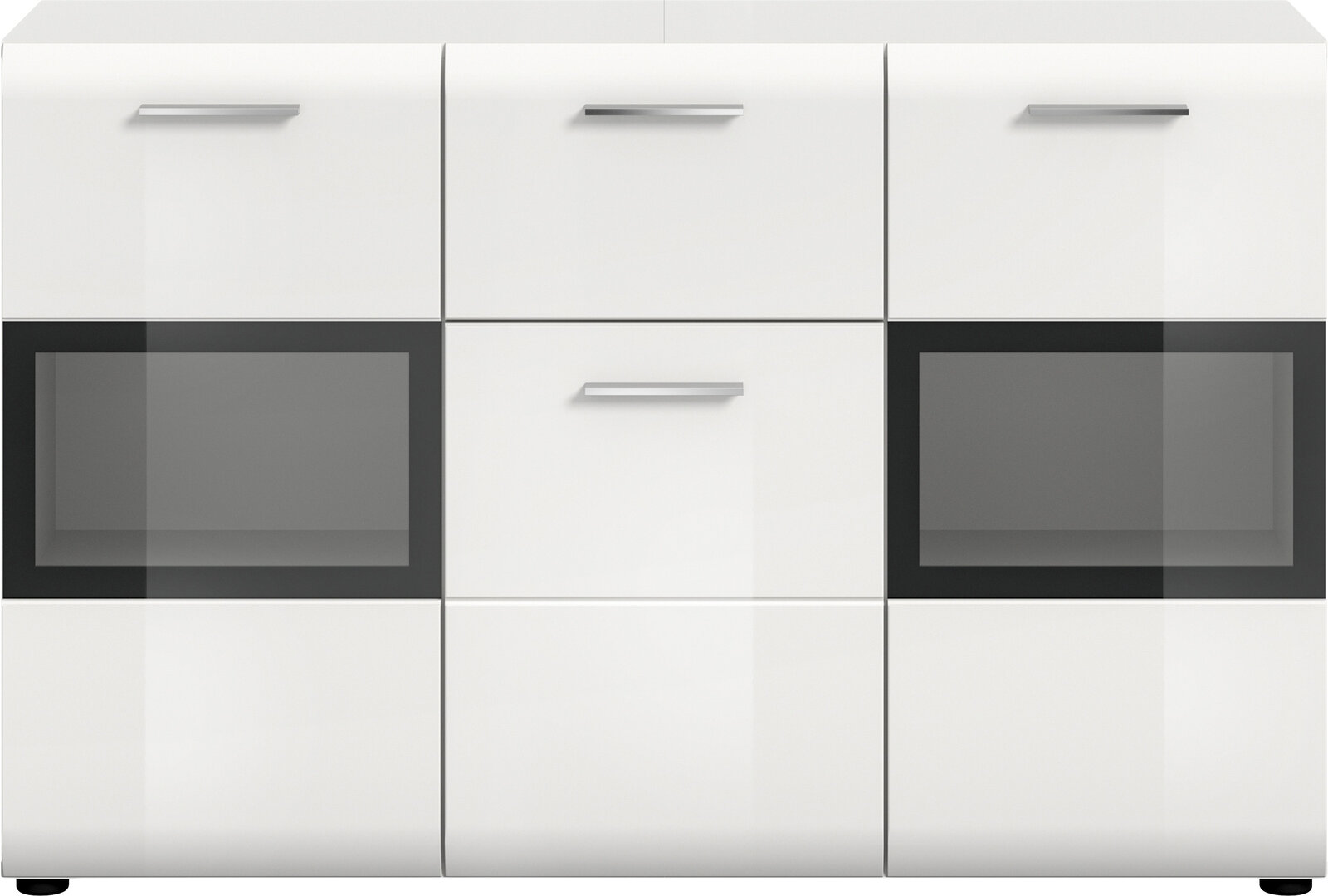 Weiße, moderne Kommode/Sideboard mit drei Türen und silbernen Griffen, zwei dunklen Glas-/Acryl-Frontfenstern links und rechts, frontal in gerader Vorderansicht freigestellt.