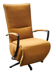 Drehbarer Relaxsessel in senfgelber Farbe, seitliche Perspektive