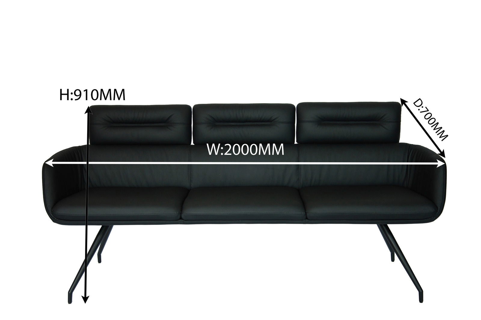 Schwarze Sitzbank mit drei Rückenlehnen, abgebildet aus der Frontalperspektive. Maße: Höhe 910 mm, Breite 2000 mm, Tiefe 700 mm.