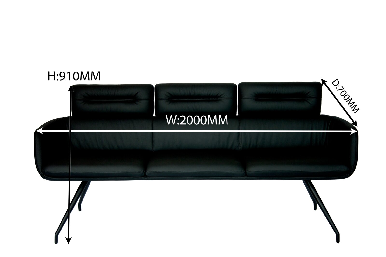 Schwarze Sitzbank mit drei Rückenlehnen, abgebildet aus der Frontalperspektive. Maße: Höhe 910 mm, Breite 2000 mm, Tiefe 700 mm.