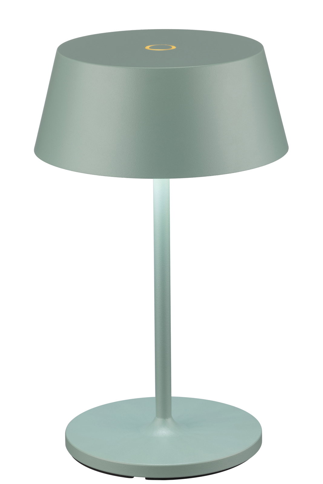 Moderne Akku-Tischleuchte in sanftem Grün, seitliche Perspektive