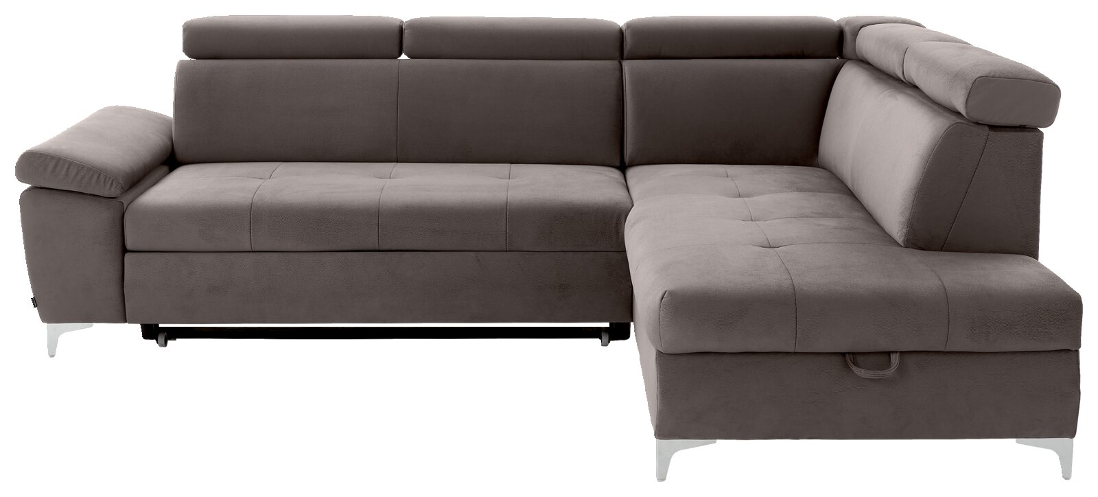 Graues Ecksofa mit verstellbaren Kopfstützen und Metallfüßen, Perspektive von vorne