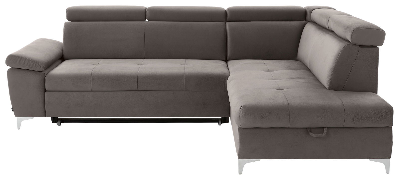 Graues Ecksofa mit verstellbaren Kopfstützen und Metallfüßen, Perspektive von vorne