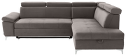 Graues Ecksofa mit verstellbaren Kopfstützen und Metallfüßen, Perspektive von vorne