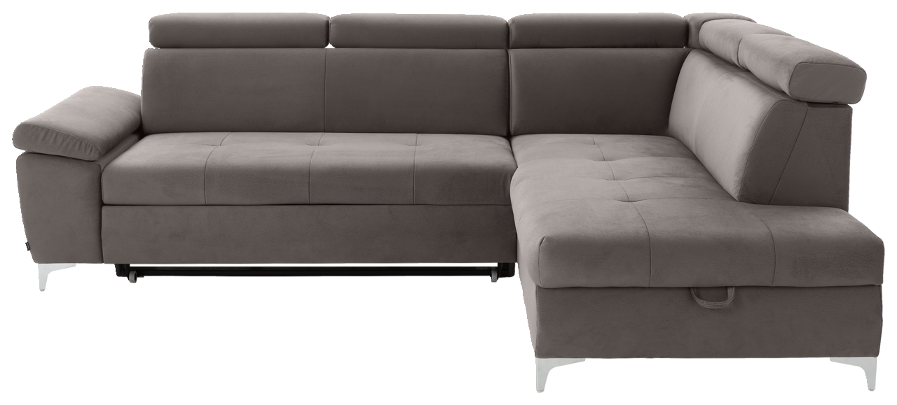 Graues Ecksofa mit verstellbaren Kopfstützen und Metallfüßen, Perspektive von vorne