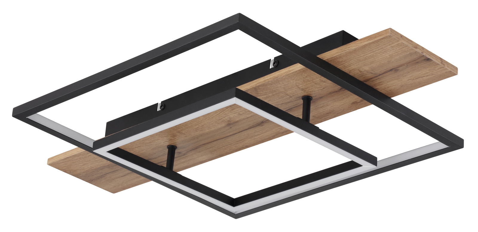 Moderne Deckenleuchte VANNI mit schwarzem Metallrahmen und Holzelementen, seitliche Perspektive