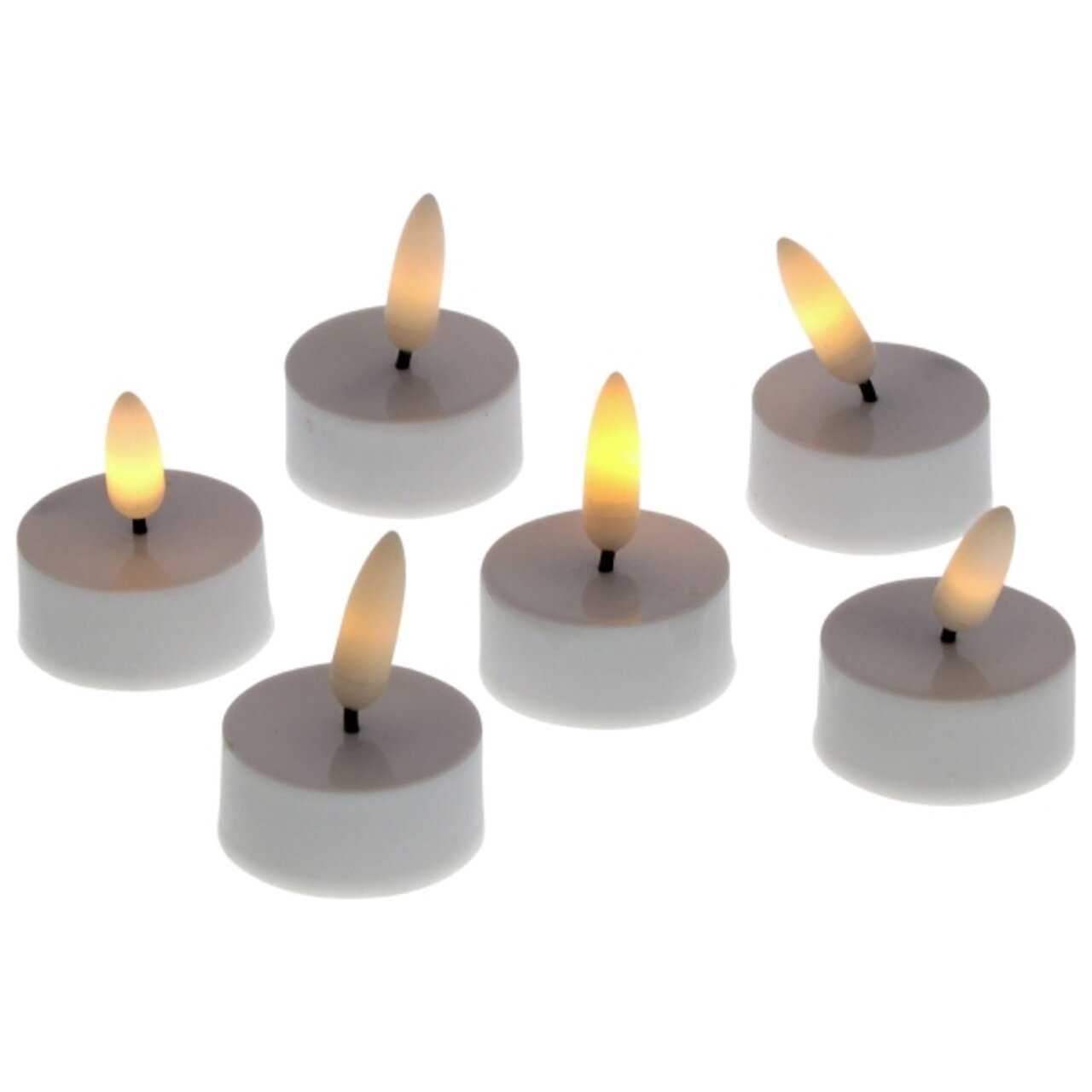 Werner-Voß LED-Teelicht 5cm mit 3D-Flamme 6-tlg. Sechs LED-Teelichter mit 3D-Flamme in warmem Licht, Ansicht von oben.