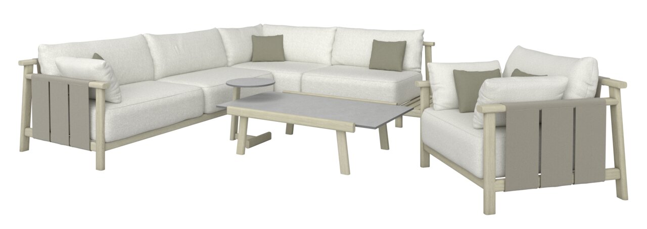 Moderne Lounge-Sitzgruppe mit cremefarbenen Polstern und Holzelementen, bestehend aus einem Ecksofa, einem Sessel und zwei Tischen, aus der Vorderansicht.