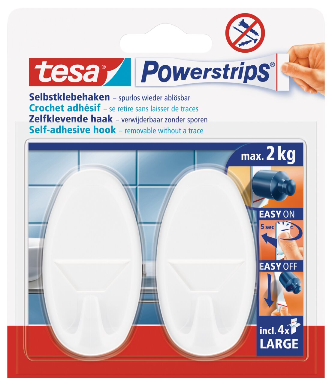 Twee witte, zelfklevende haken van tesa Powerstrips in de verpakking, vooraanzicht, geschikt voor maximaal 2 kg, eenvoudig aan te brengen en te verwijderen zonder resten achter te laten.