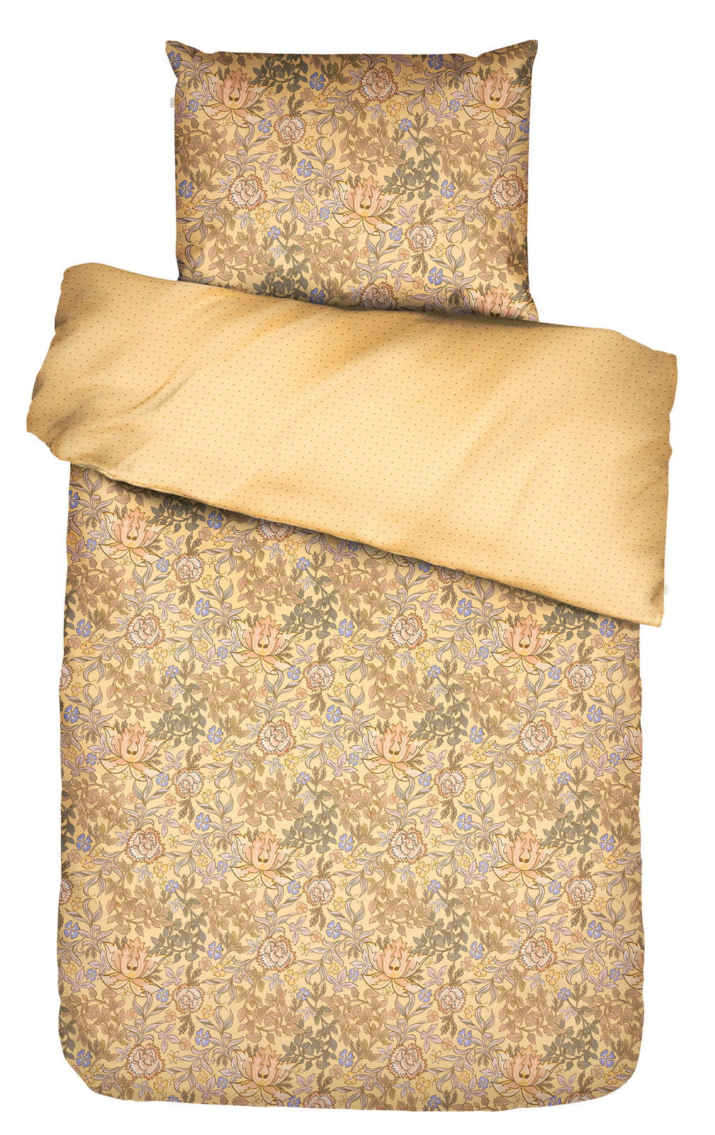 Bettwäsche-Set mit floralem Muster in warmen Gelbtönen, Draufsicht