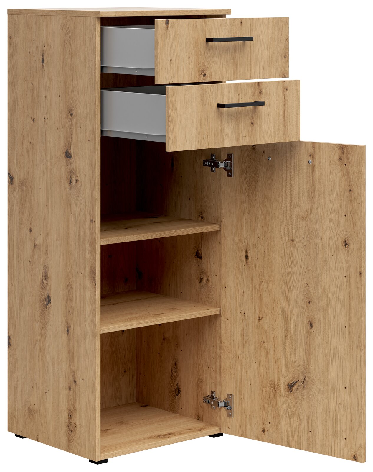 Kommode aus Holz mit zwei offenen Schubladen und einer geöffneten Tür, die zwei Regalböden zeigt. Perspektive von vorne.