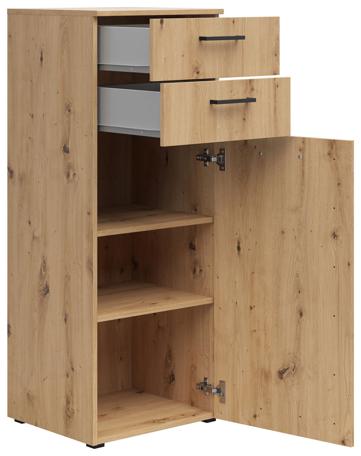 Kommode aus Holz mit zwei offenen Schubladen und einer geöffneten Tür, die zwei Regalböden zeigt. Perspektive von vorne.