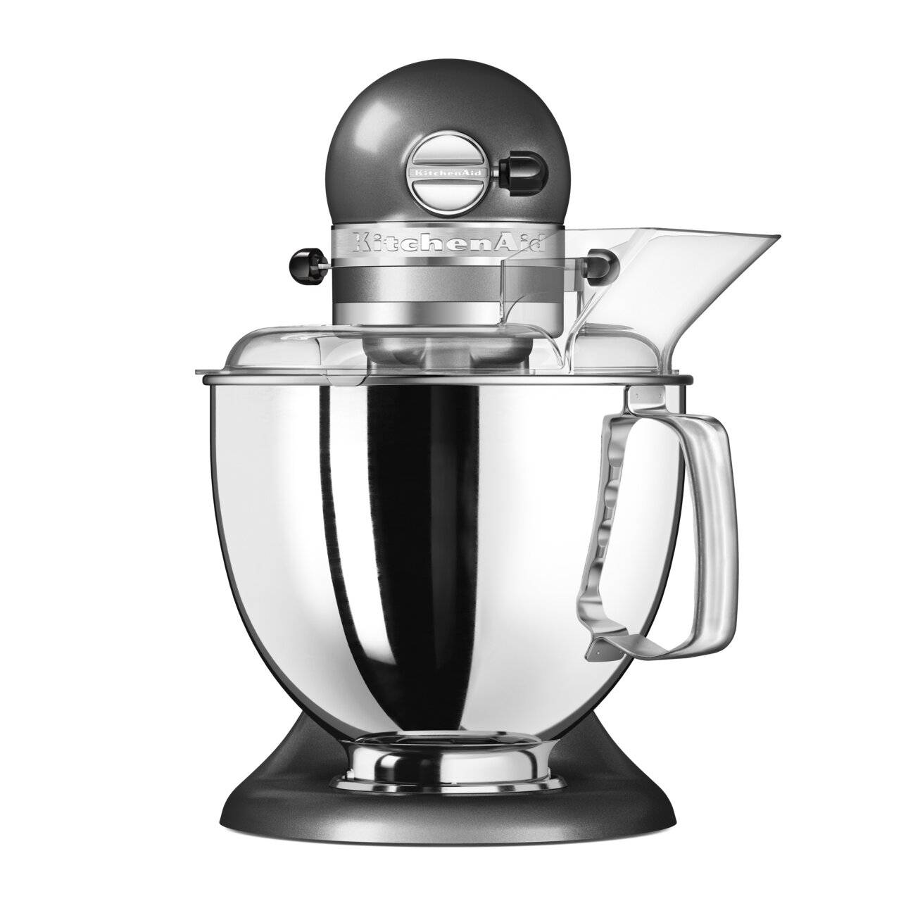 Zilverkleurige keukenmachine met kom, vooraanzicht