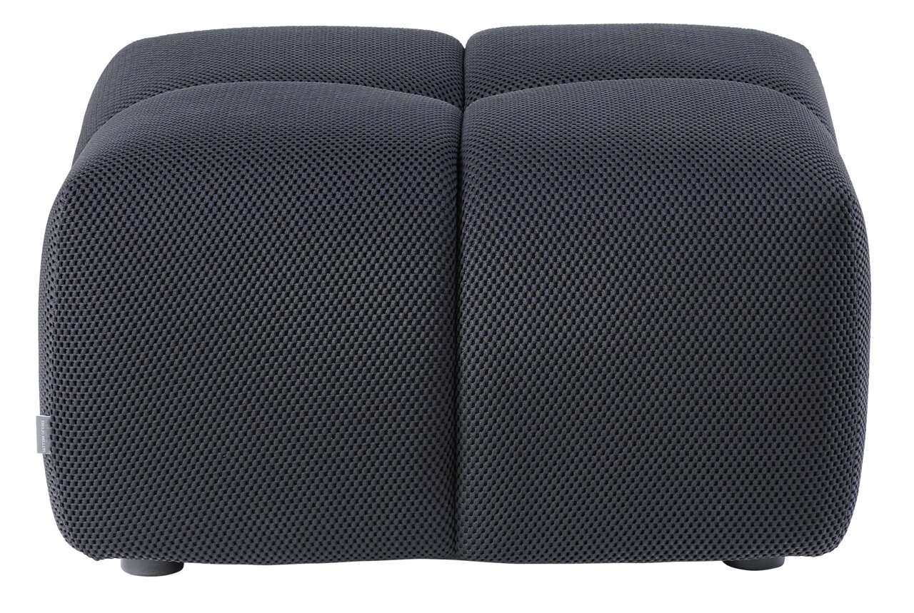 Vorderansicht eines modernen, dunkelgrauen Hockers mit texturierter Oberfläche.