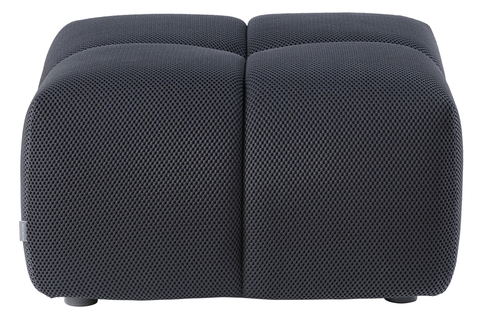 Vorderansicht eines modernen, dunkelgrauen Hockers mit texturierter Oberfläche.