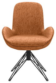 Moderner Armlehnstuhl in braunem Stoff mit schwarzem Metallgestell, Frontalansicht