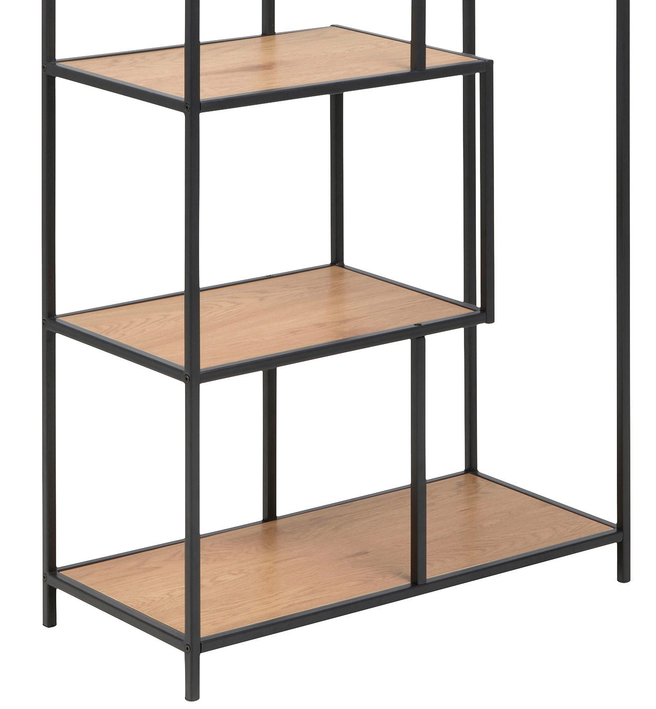 Regal mit schwarzem Metallrahmen und Holzböden, seitliche Perspektive