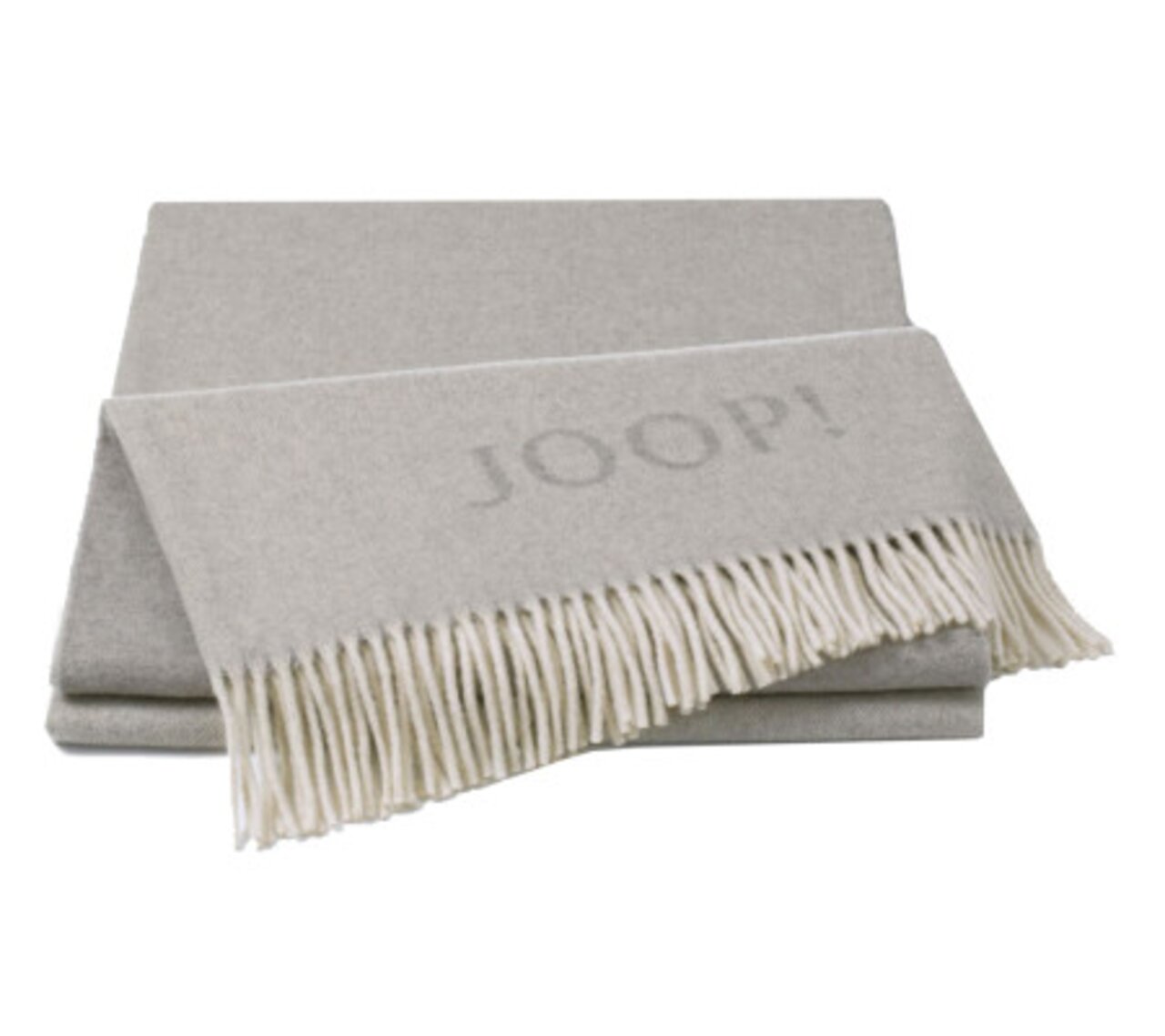 Graue Decke mit Fransen und eingeprägtem 'JOOP!' Logo, von oben betrachtet.