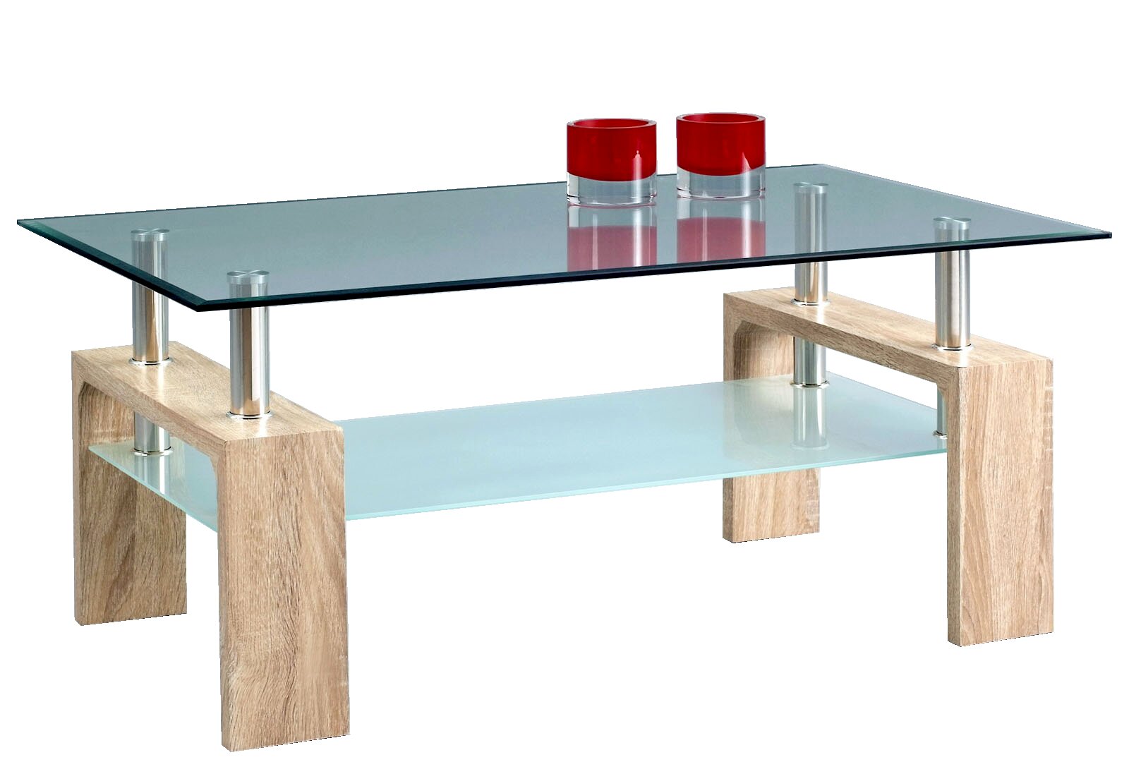 Moderner Couchtisch mit Glasplatte und Holzbeinen, seitliche Perspektive