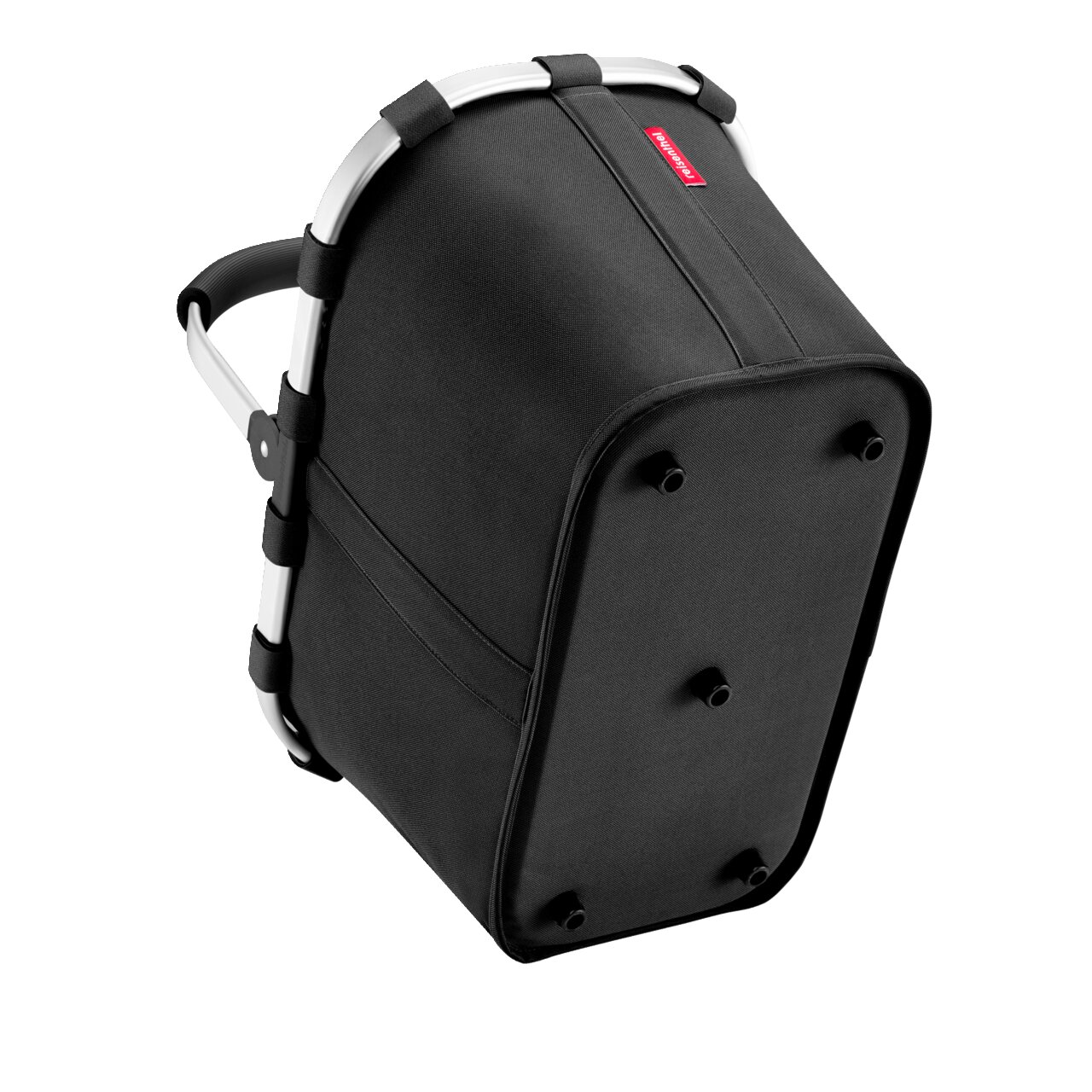 Schwarzer Carrybag mit Aluminiumrahmen, von unten betrachtet, zeigt die stabile Bodenstruktur.