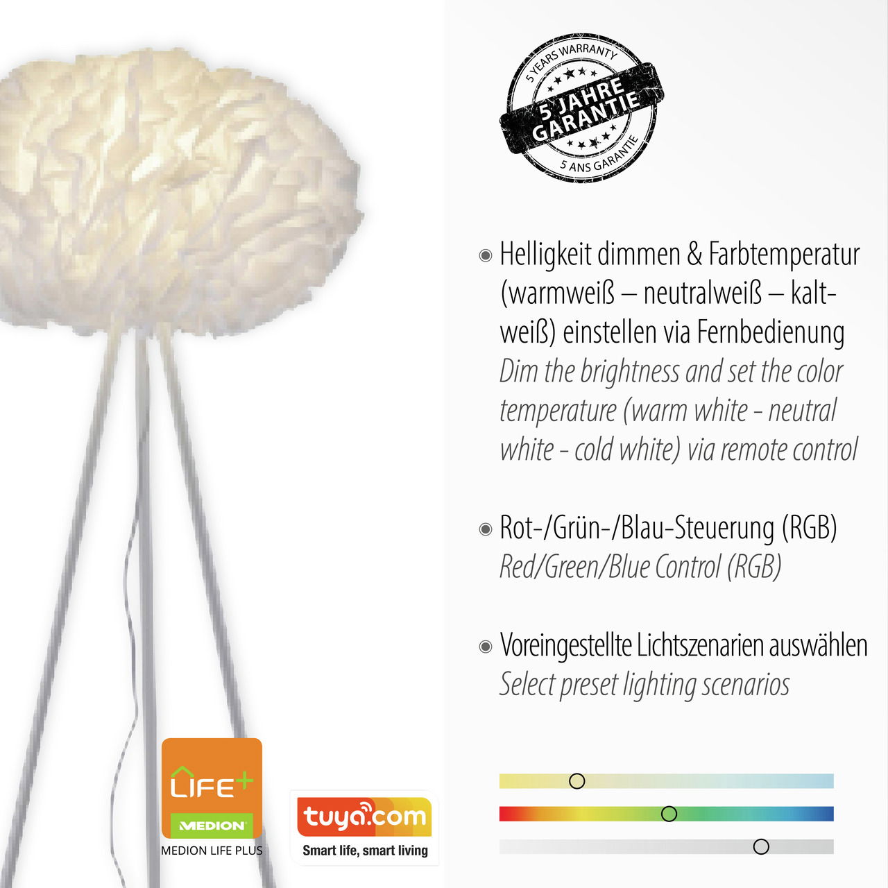 Stehleuchte LOLAsmart-NAOMI mit dreibeinigem Stativ und einem dekorativen, wolkenartigen Lampenschirm. Perspektive von der Seite.