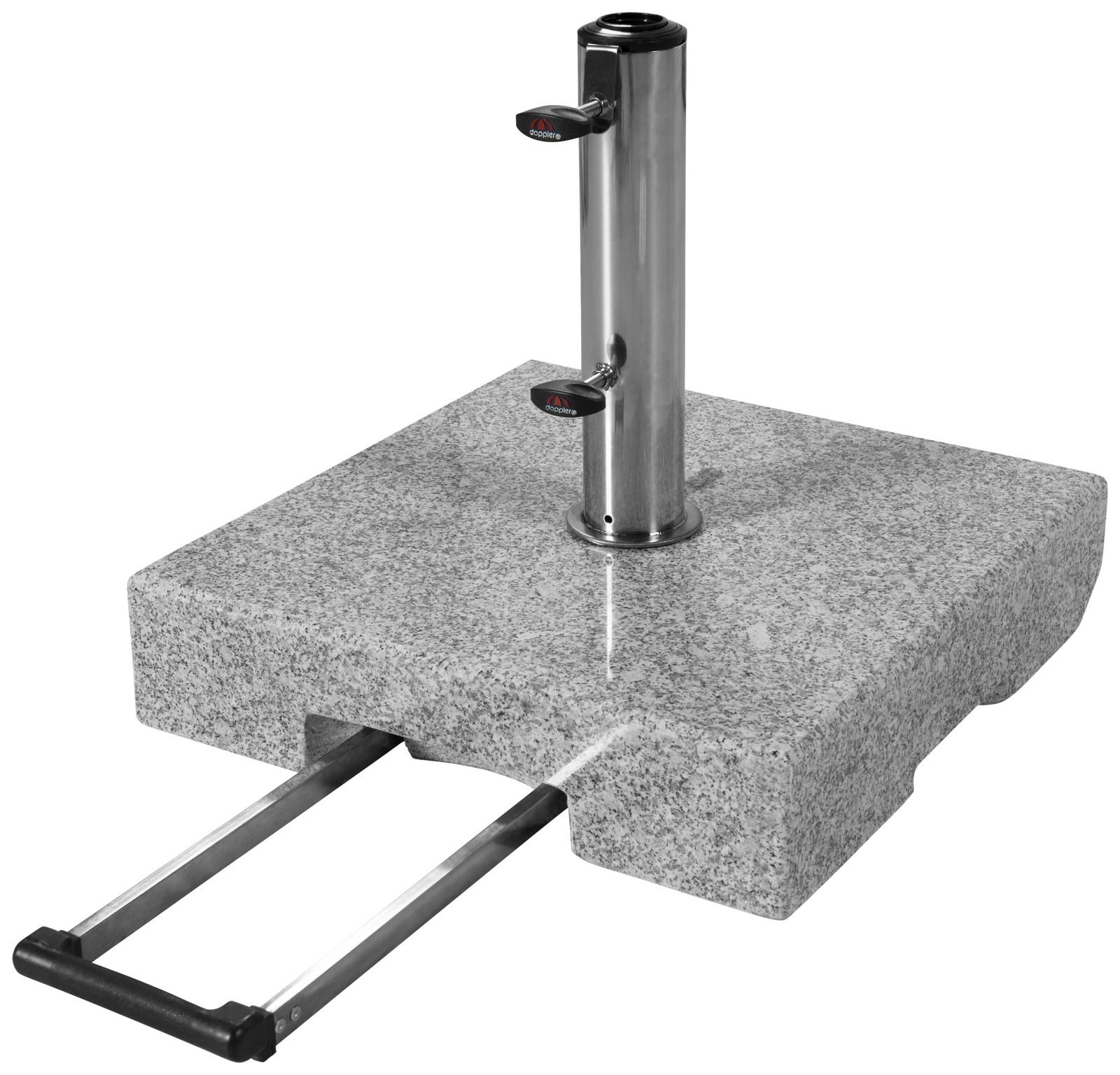 Granit-Trolley-Sockel mit ausziehbarem Griff, seitliche Perspektive