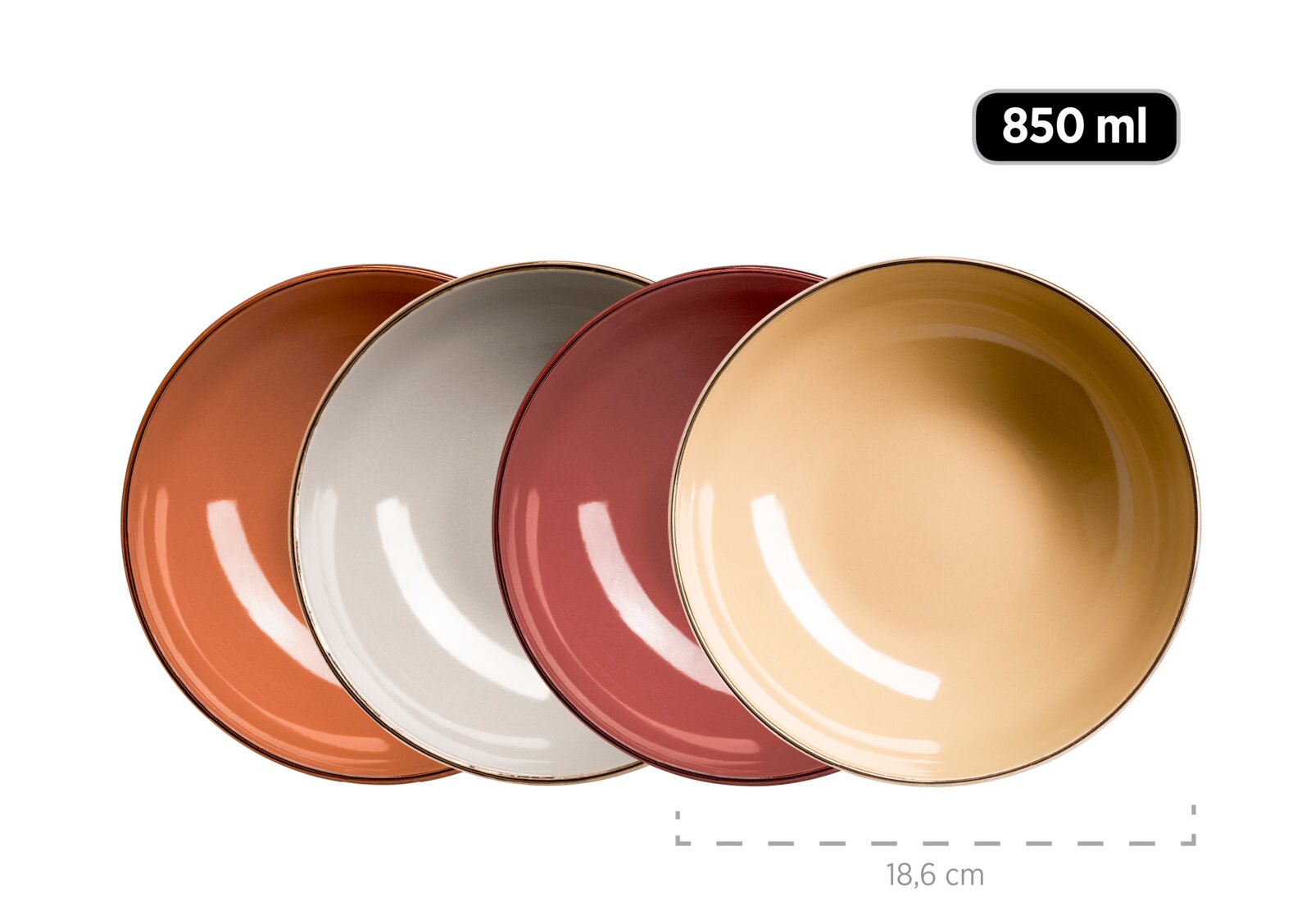 Vier glänzende Keramikschalen in warmen Farben (Orange, Grau, Rot und Beige) mit Goldrand, Fassungsvermögen 850 ml und ca. 18,6 cm Durchmesser, in schräger Draufsicht vor weißem Hintergrund.