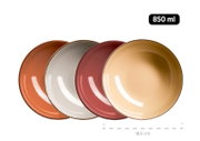 Vier glänzende Keramikschalen in warmen Farben (Orange, Grau, Rot und Beige) mit Goldrand, Fassungsvermögen 850 ml und ca. 18,6 cm Durchmesser, in schräger Draufsicht vor weißem Hintergrund.