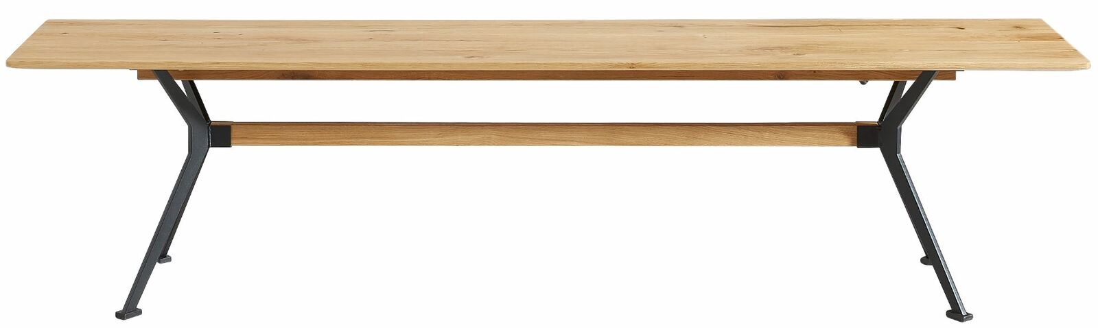 Holz-Sitzbank mit Metallbeinen, seitliche Perspektive