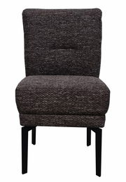 Moderner, gepolsterter Stuhl in dunklem Stoff, Vorderansicht