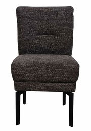 Moderner, gepolsterter Stuhl in dunklem Stoff, Vorderansicht