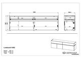 Technische Zeichnung eines TV-Lowboards mit den Maßen: Breite 180 cm, Höhe 57/55 cm, Tiefe 40 cm. Frontale und seitliche Ansicht.