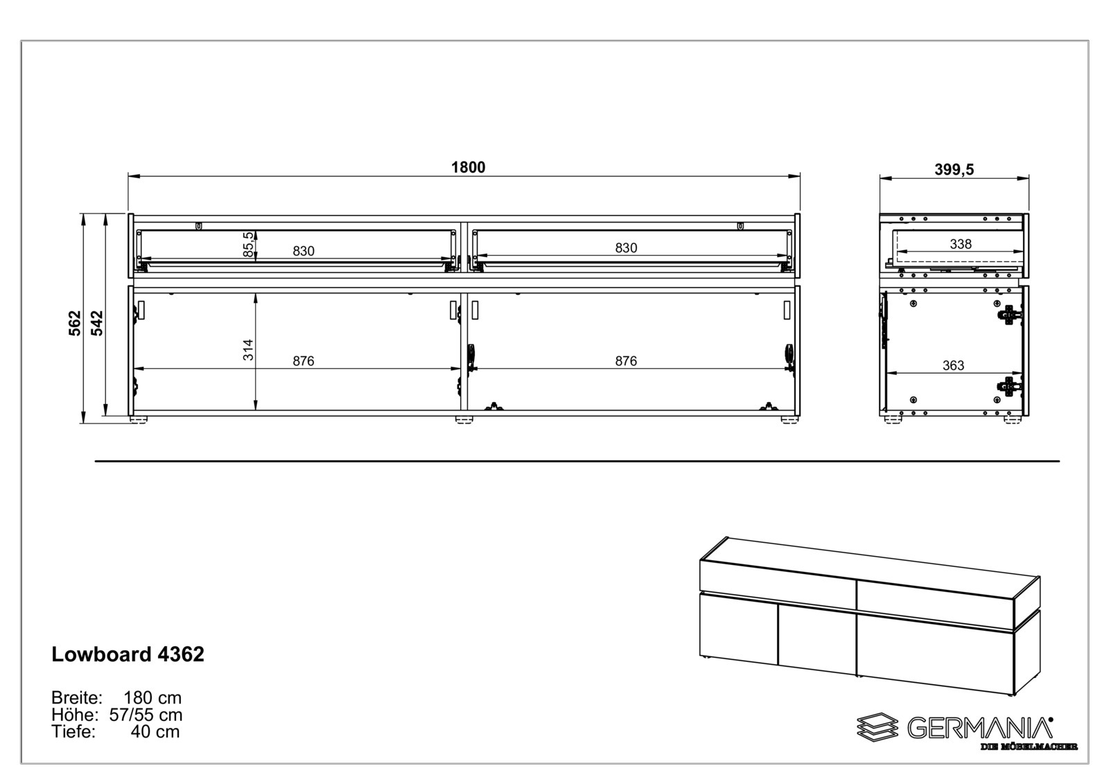 Technische Zeichnung eines TV-Lowboards mit den Maßen: Breite 180 cm, Höhe 57/55 cm, Tiefe 40 cm. Frontale und seitliche Ansicht.